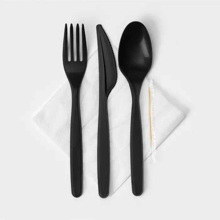 Набор пластиковых одноразовых столовых приборов &laquo;Элит&raquo;, 5 предметов: вилка, ложка, нож, зубочистка, салфетка, 18 см, чёрный