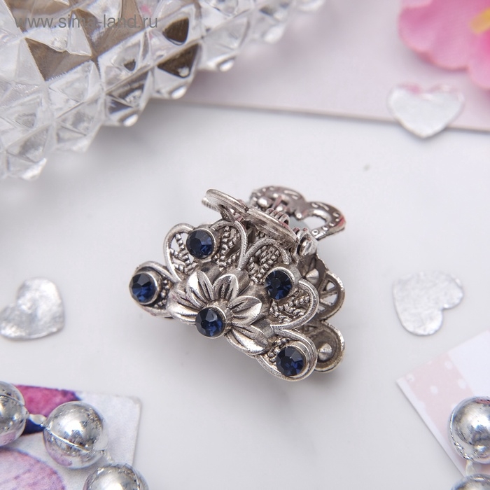 Крабик для волос &laquo;Синий туман&raquo;, цветок, 2.3 см, серебро