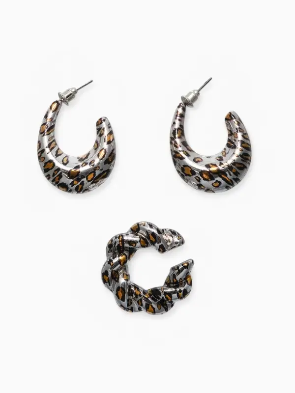 Набор серьги и каффы "Леопард" жгутик, цвет серебро