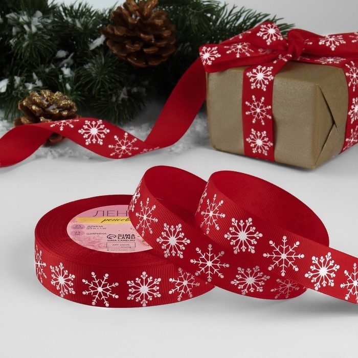 Новый год! Лента репсовая &laquo;Снежинки&raquo;, 25 мм, 23 &plusmn; 1 м, цвет красный №1133