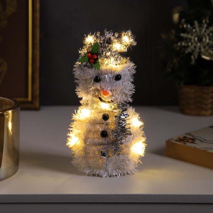 Светодиодная фигура из мишуры &laquo;Снеговик в серебристом&raquo; 16 &times; 9 см, 10 LED, батарейки AG10х3 (в комплекте), свечение тёплое белое