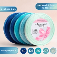 Набор атласных лент, 5 шт, размер 1 ленты: 10 мм &times; 23 &plusmn; 1 м, цвет синий спектр
