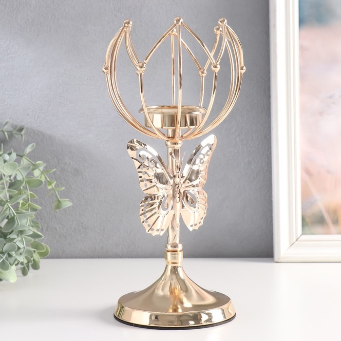 Подсвечник металл на 1 свечу "Бабочка и геометрическая лилия" d-5,5 см золото 11х11х27 см