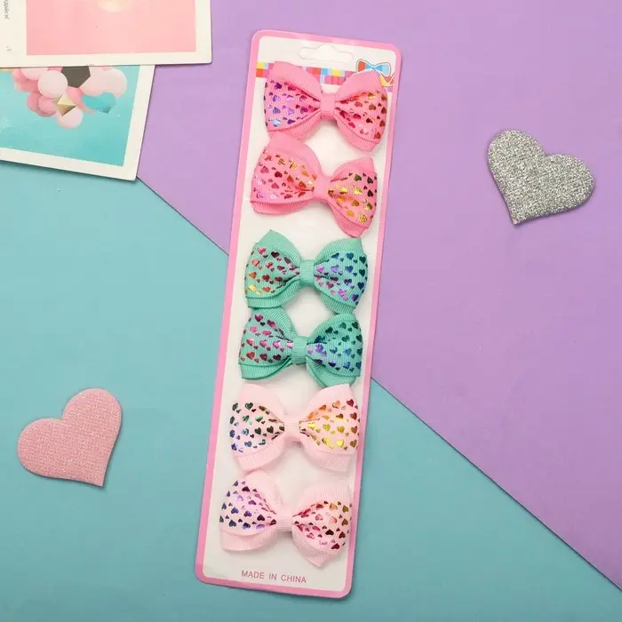 Зажим для волос "Бантик" сердечки голография, 6 см