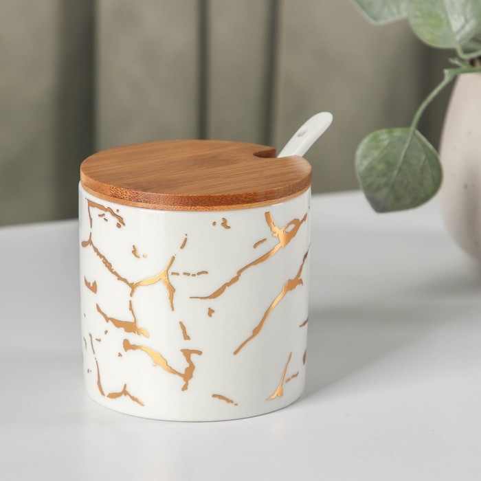 Набор банок керамических с ложками на деревянной подставке &laquo;Эстет. Gold&raquo;, 3 предмета: 300 мл, цвет белый