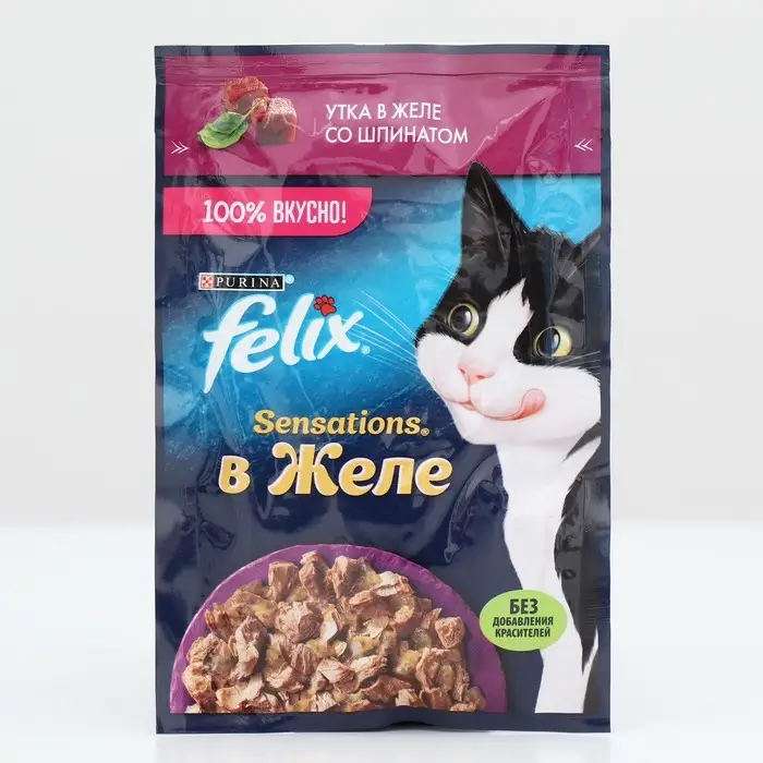 Влажный корм Felix Sensations для кошек, утка/шпинат в желе, 75 г