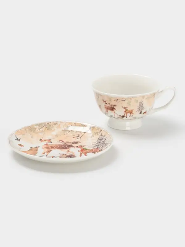 Чайная пара новогодняя &laquo;Лесное чудо&raquo;, 2 предмета: чашка 180 мл, блюдце d=15 см, керамика, подарочная упаковка, бежевая