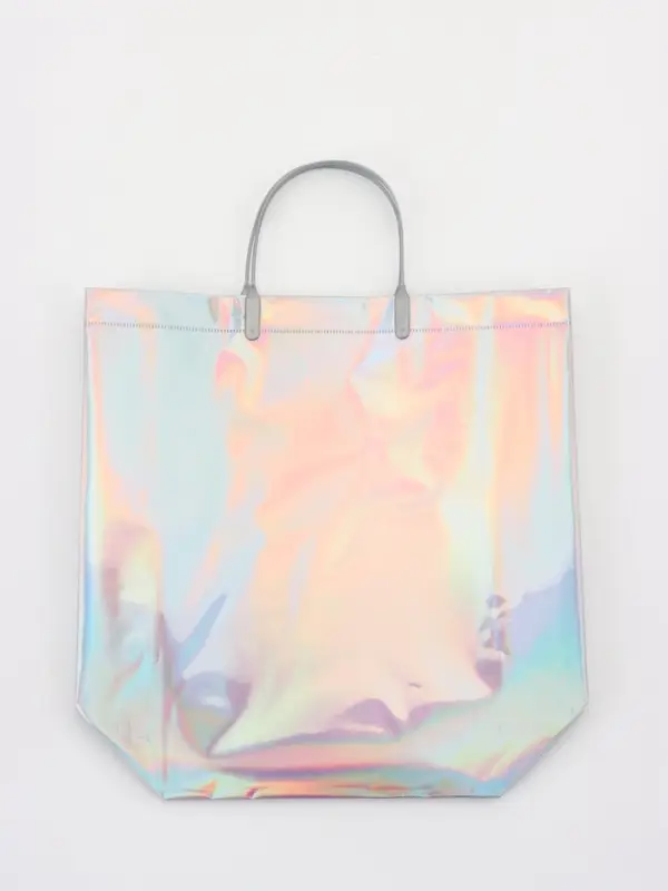 Пакет подарочный ПВХ, голография, серебро, пластикова ручка, 32&times;28&times;11 см