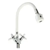 Смеситель для кухни ZEIN ZC2032, гибкий силиконовый излив,кран-букса латунь 1/2", белый/хром