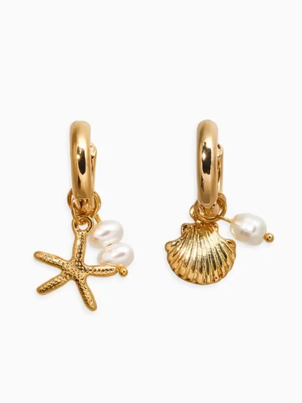 Серьги жемчуг "Ракушка со звездой", цвет белый в золоте