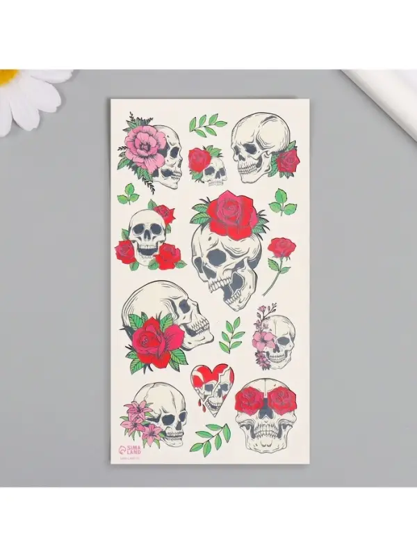 Переводные тату на тело цветные &laquo;Черепа и розы&raquo;, 7.5&times;14 см