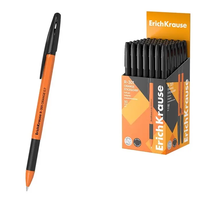 Ручка шариковая ErichKrause R-301 Orange Stick & Grip, узел 0.7 мм, чернила чёрные, резиновый держатель, длина линии письма 2000 метров