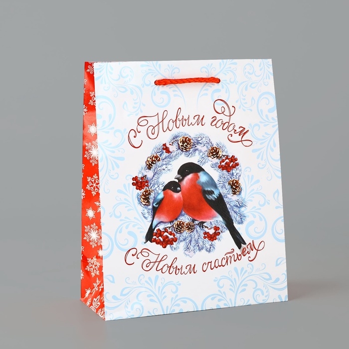 Пакет подарочный новогодний ламинированный &laquo;С Новым годом&raquo;, снегири, MS 18 х 23 х 8 см, Новый год