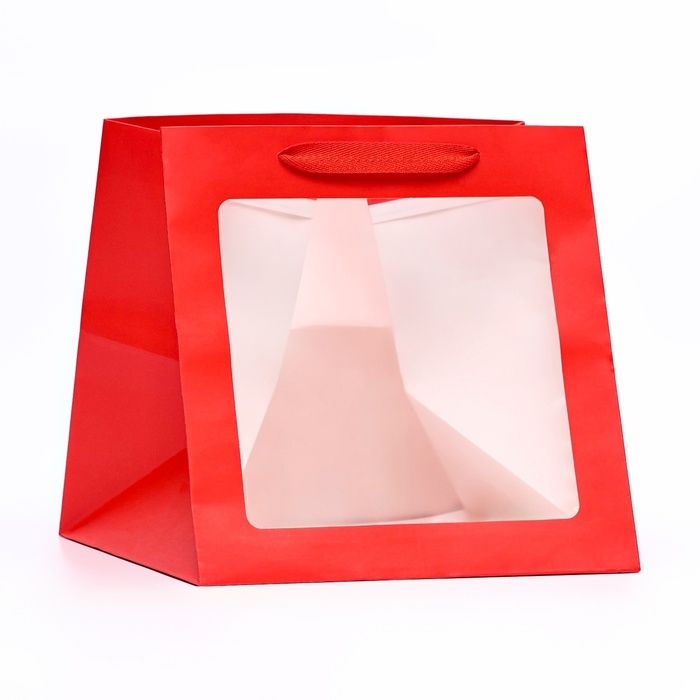 Пакет крафт с квадратным дном и окном, 25 х 25 х 25 см, красный