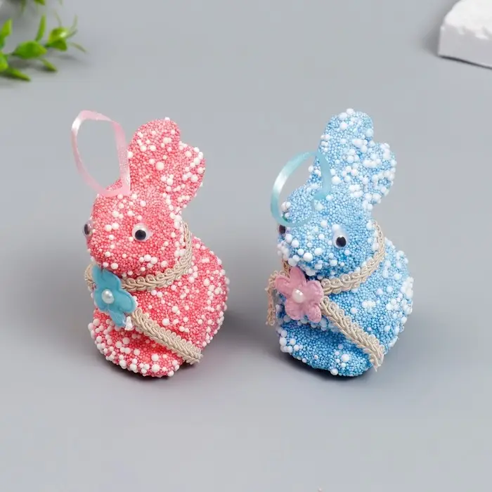 Подвесное украшение пасхальное &laquo;Кролик: посыпка, цветочек на шее&raquo;, набор 2 шт., 9 см, МИКС