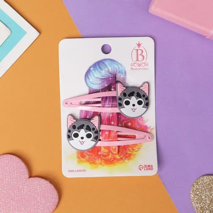 Невидимка для волос "Абель" (набор 2 шт) серый котик, 5 см