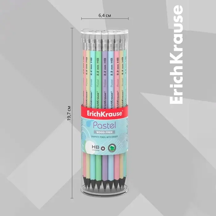Карандаш чернографитный с ластиком ErichKrause &laquo;Pastel&raquo;, HB, грифель d=2.2 мм, пластик, круглый в тубусе, пастель МИКС