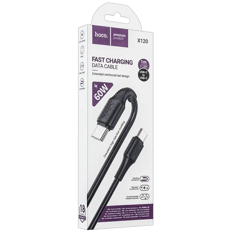 Кабель X120 Type-C на Type-C 1m 60W HOCO черный