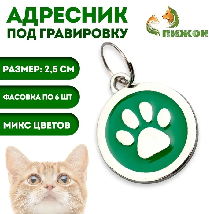 Адресник под гравировку "Лапа", фасовка по 6 шт, 2,5 см, микс цветов