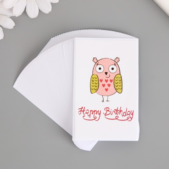 Наклейка бумага "С днем рождения. Сова с сердцами" набор 50 шт 8х5 см