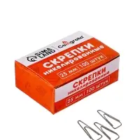 Скрепки 25мм никелированные в картонной коробке 100 штук, загнутые