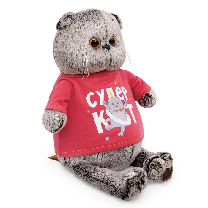 Мягкая игрушка "Басик в лонгсливе с принтом "Супер кот",19 см Ks22-284