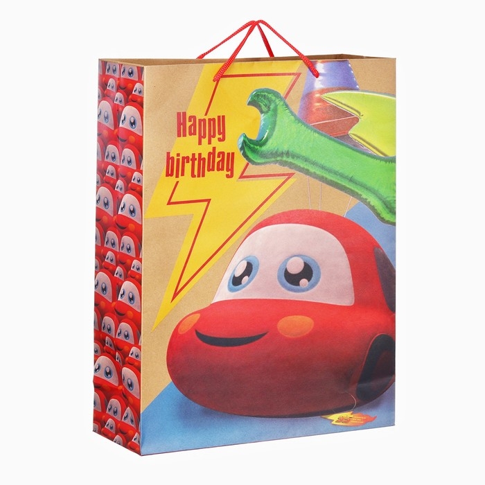 Пакет подарочный крафт "Happy Birthday" 40х31х11.5 см, Тачки