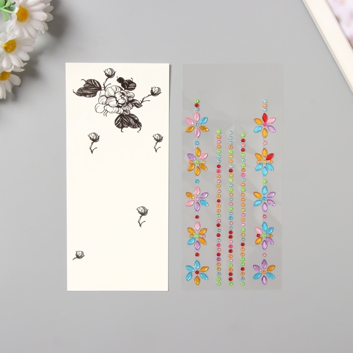 Наклейка пластик стразы тату на тело "Цветочная аппликация" цветная набор 2 листа 18х8 см