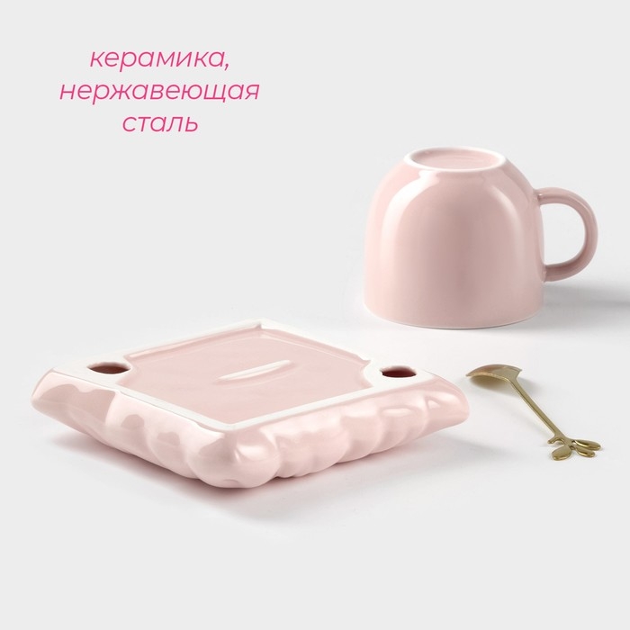 Чайная пара керамическая с ложкой &laquo;Зефирка&raquo;, 2 предмета: чашка 250 мл, блюдце d=13 см, цвет розовый