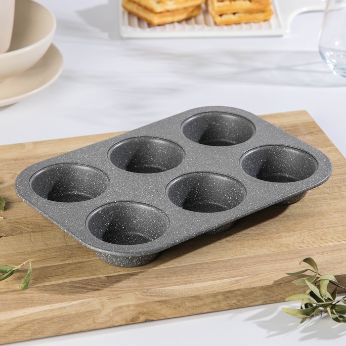Форма для выпечки &laquo;Элин Мрамор. Кекс&raquo;, 27,5&times;18&times;3 см, 6 ячеек, антипригарное покрытие, цвет серый