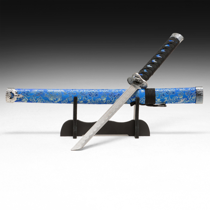 Сувенирное оружие &laquo;Катана на подставке&raquo;, синие  ножны с цветочным узором, 70 см