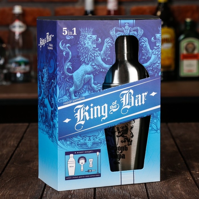 Набор для приготовления коктейлей &laquo;Король бара&raquo;, гейзер, джиггер, шейкер 600 мл, стрейнер, ложка