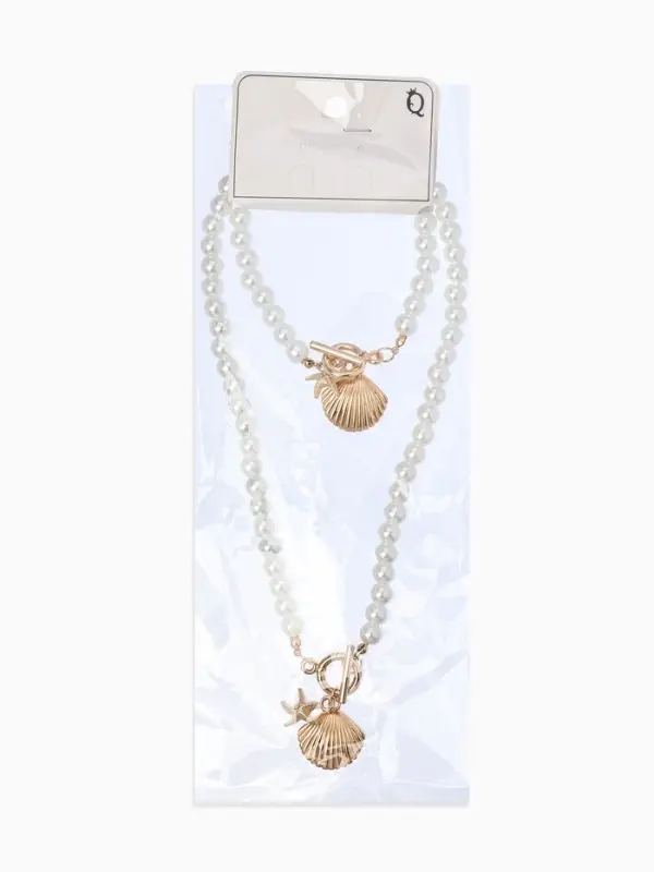 Набор 2 пред-та: бусы.браслет "Жемчуг", ракушка вонголе, цвет белый в золоте L=18/42см №8