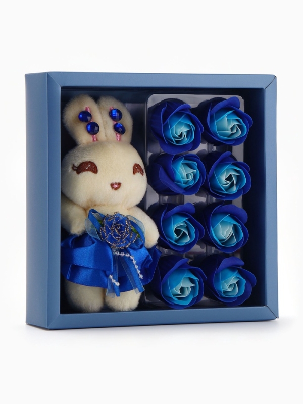 Набор мыльных роз в коробке 8 штук, бирюзово-белые с зайчиком