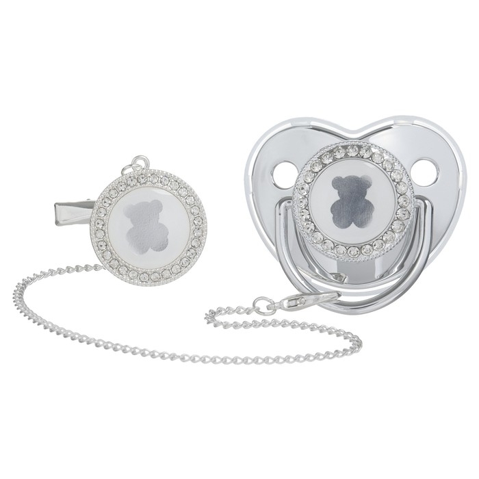 Соска - пустышка силиконовая ортодонтическая &laquo;Мишка&raquo;, от 6 мес., с колпачком + держатель - цепочка, цвет серебренный, стразы