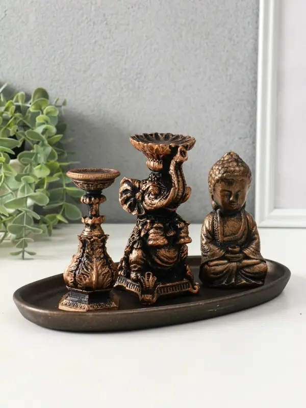 Набор фигур "Буддийский" на подносе, высота 13 см, цвет винтажная бронза