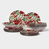 Столовый сервиз Доляна &laquo;Гранат&raquo;, 19 предметов: салатник 1 шт, тарелка десертная 6 шт, тарелка обеденная 6 шт, тарелка суповая 6 шт, стекло, рисунок