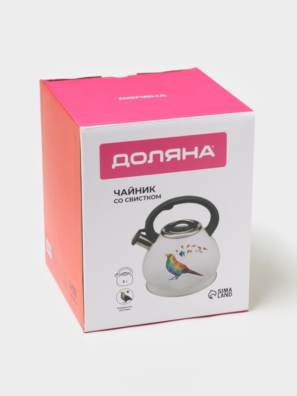 Чайник со свистком из нержавеющей стали Доляна Magic birds, 3 л, с индикатором нагрева, индукция