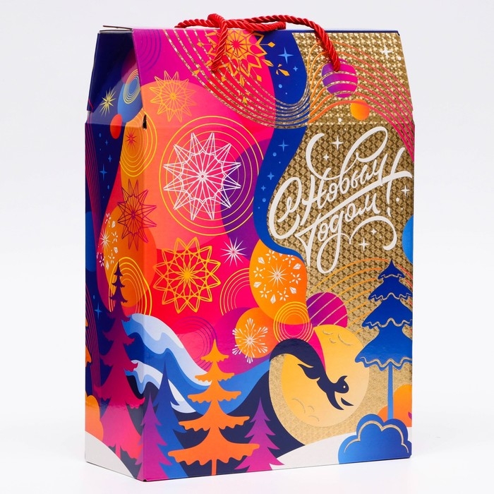 Новый год. Подарочная коробка новогодняя Чудолесье многоуровневое тиснение фольгой 23 х 10 х 33 см.