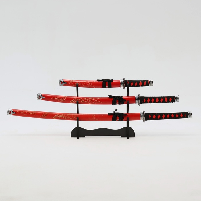 Сув. изделие катаны 3в1 на подставке, ножны дерево, дракон красные 54/81/100 см