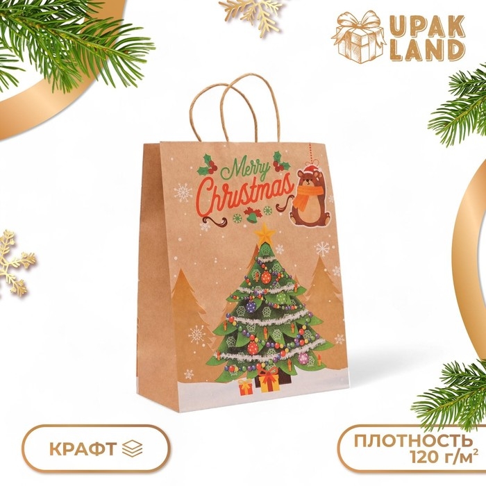 Новый год. Пакет бумажный подарочный новогодний крафт "Ёлка", 33 &times; 26 &times; 12 см.