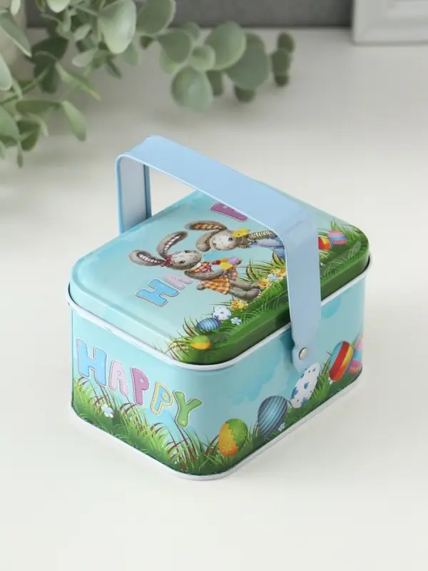 Шкатулка металл с ручкой "Крольчата с яичками" 6х10,5х8 см