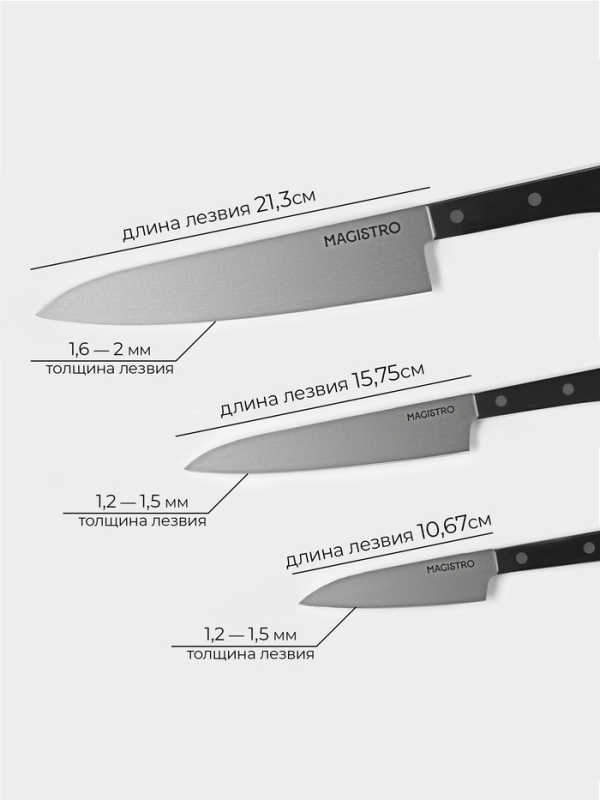 Набор кухонных ножей Magistro &laquo;Hinshitsu&raquo;, 3 шт: овощной, универсальный, шеф, черный