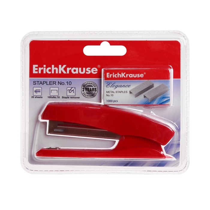 Степлер Erich Krause Elegance + скобы, № 10, до 20 листов, в блистере, встроенный антистеплер, синий, МИКС