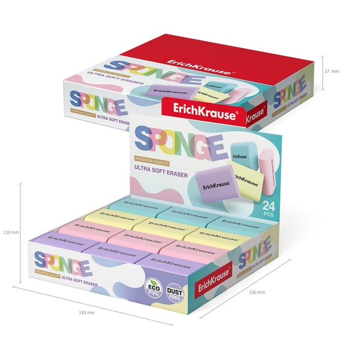 Ластик ErichKrause Sponge 37 х 33 х 15 мм, микс, цена 1 шт