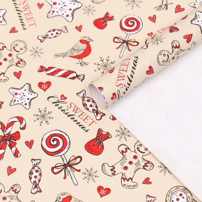 Новый год. Бумага упаковочная глянцевая "Рождественская конфета", 70 х 100 см, 1 лист