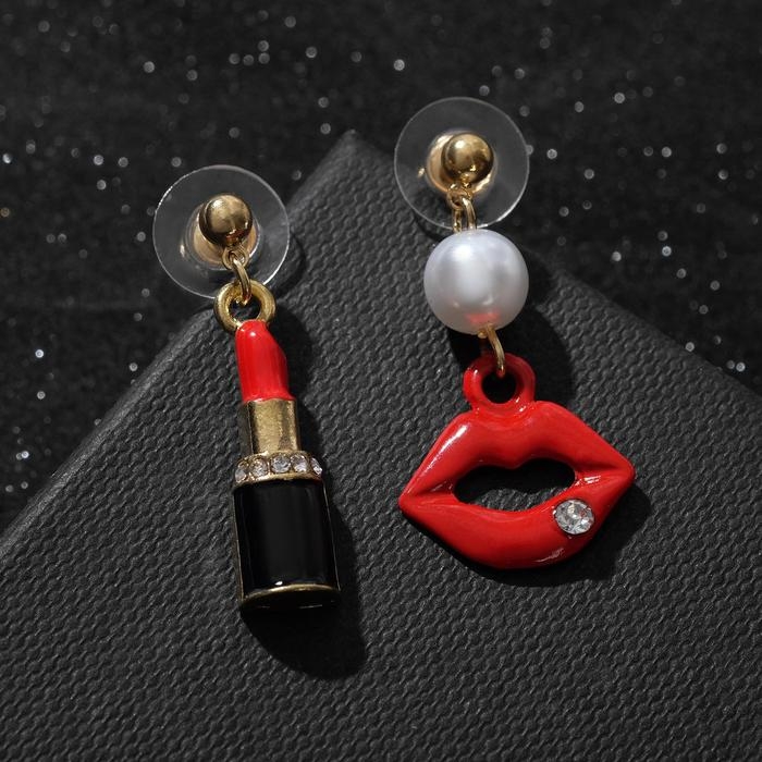 Серьги ассорти &laquo;Красотка&raquo; помада, губы, цвет красно-чёрный в золоте