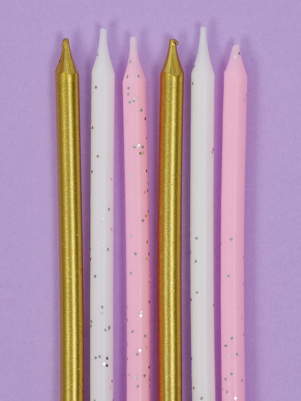 Свечи для торта "Блестящая вечеринка", 6 шт, белый, розовый, золотой