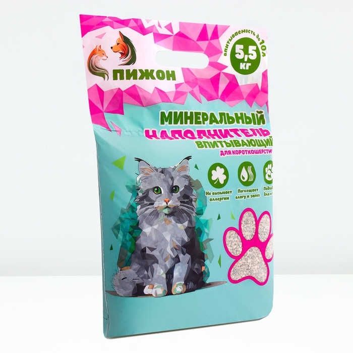 Наполнитель минеральный впитывающий "Пижон" для короткошерстных кошек, 10 л