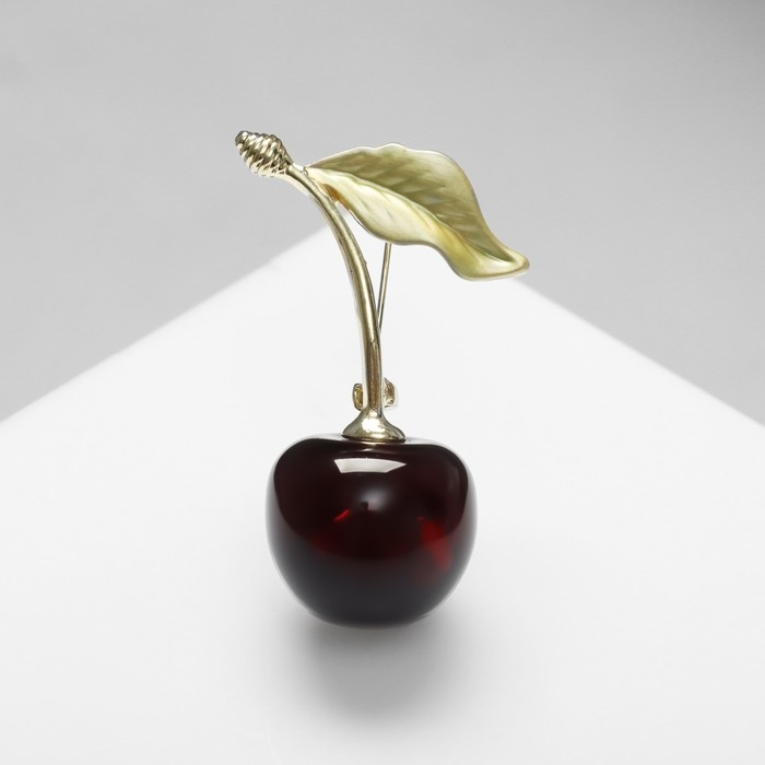 Брошь &laquo;Вишенка&raquo; с листочком, цвет бордово-зелёный в золоте